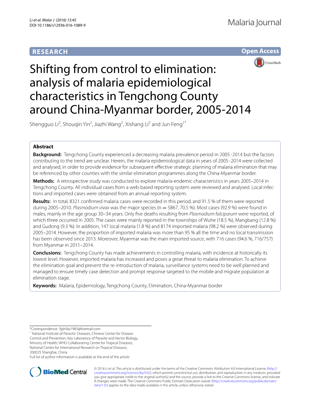 Analysis of Malaria Epidemiological Characteristics in Tengchong