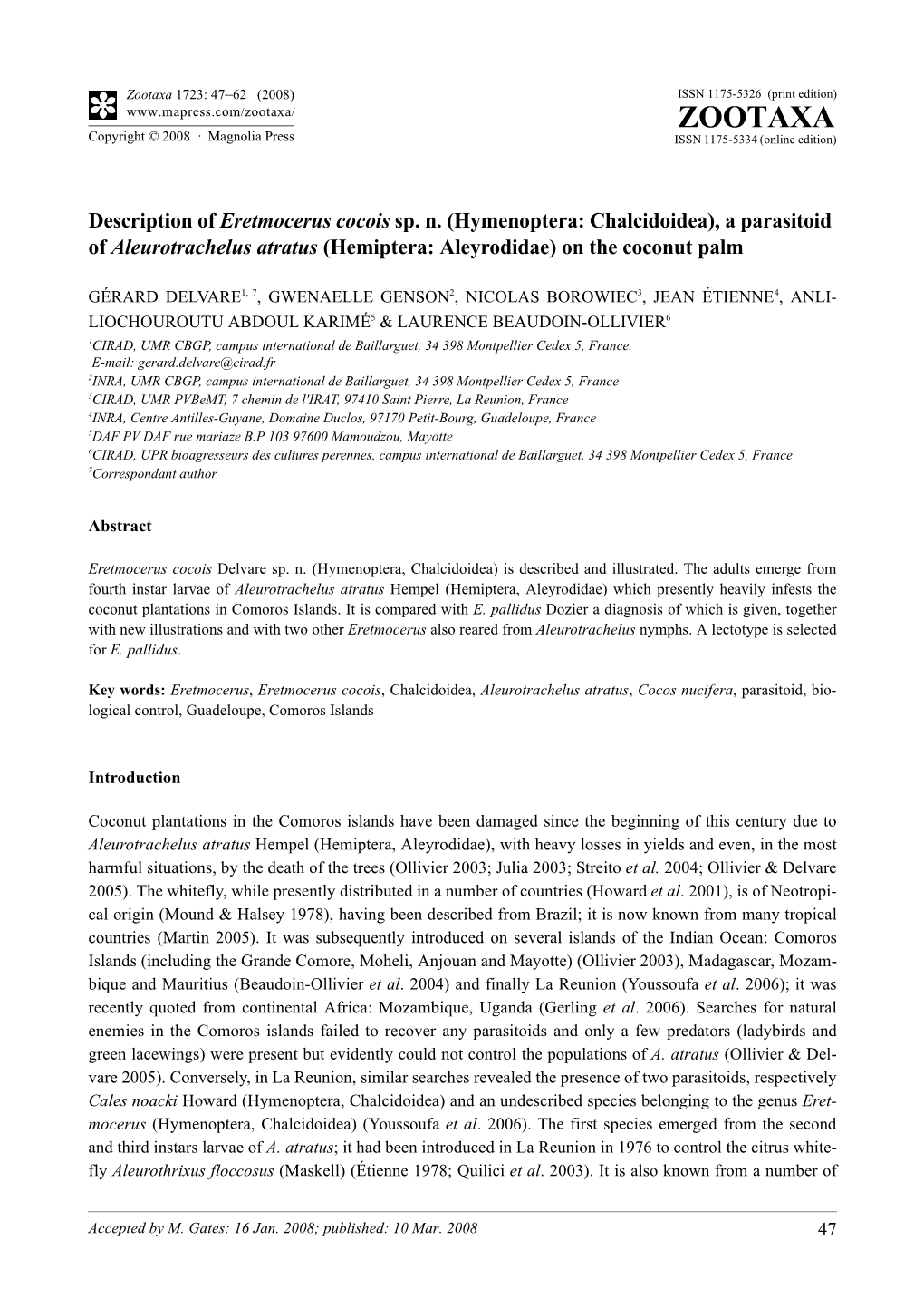 Zootaxa, Description of Eretmocerus Cocois Sp. N. (Hymenoptera