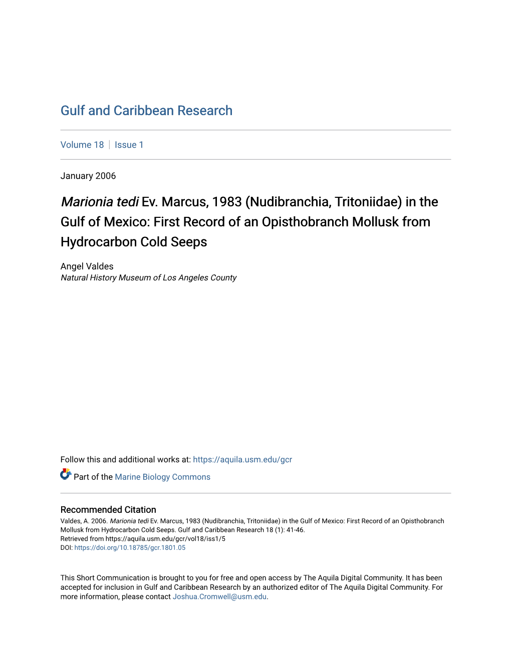 Nudibranchia, Tritoniidae) in the Gulf of Mexico: First Record of an Opisthobranch Mollusk from Hydrocarbon Cold Seeps