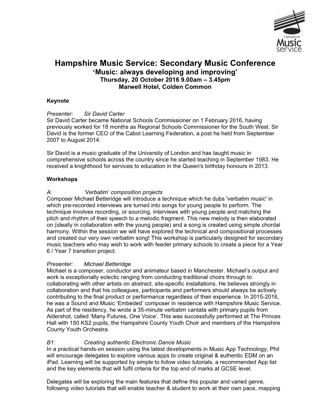 Hampshire Music Service: Secondary Music Conference