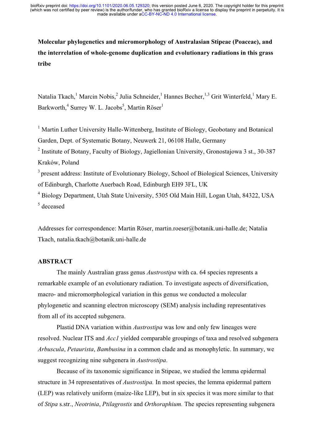 (Poaceae), and the Interrelation of Whole-Genome Duplication and Evolutionary Radiations in This Grass Tribe