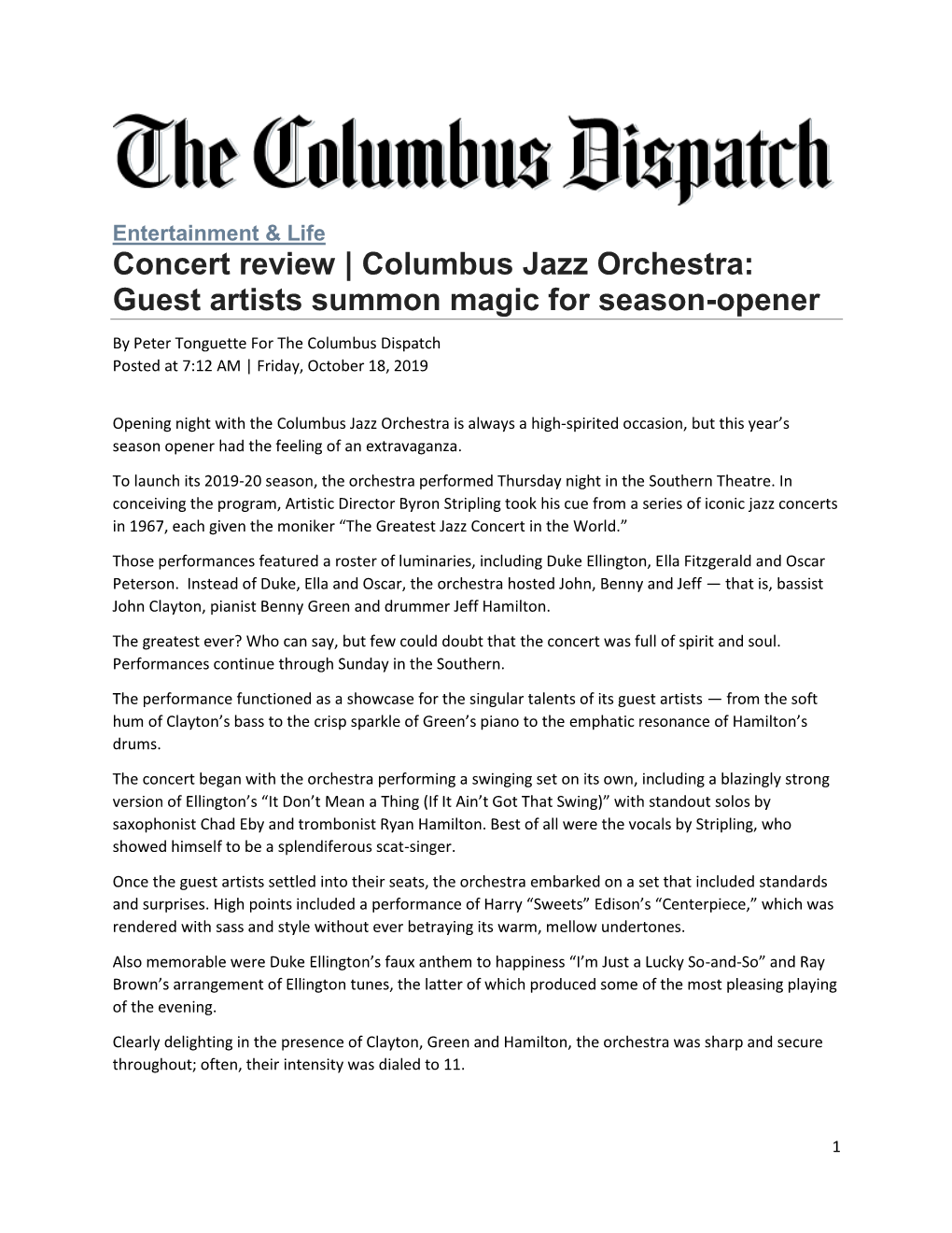 Concert Review | Columbus Jazz Orchestra: Guest Artists Summon Magic for Season-Opener