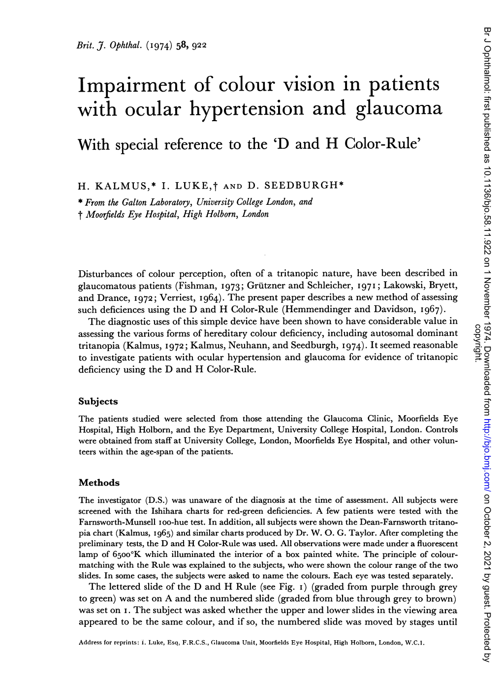 Impairment of Colour Vision in Patients with Ocular Hypertension and Glaucoma with Special Reference to the 'D and H Color-Rule'