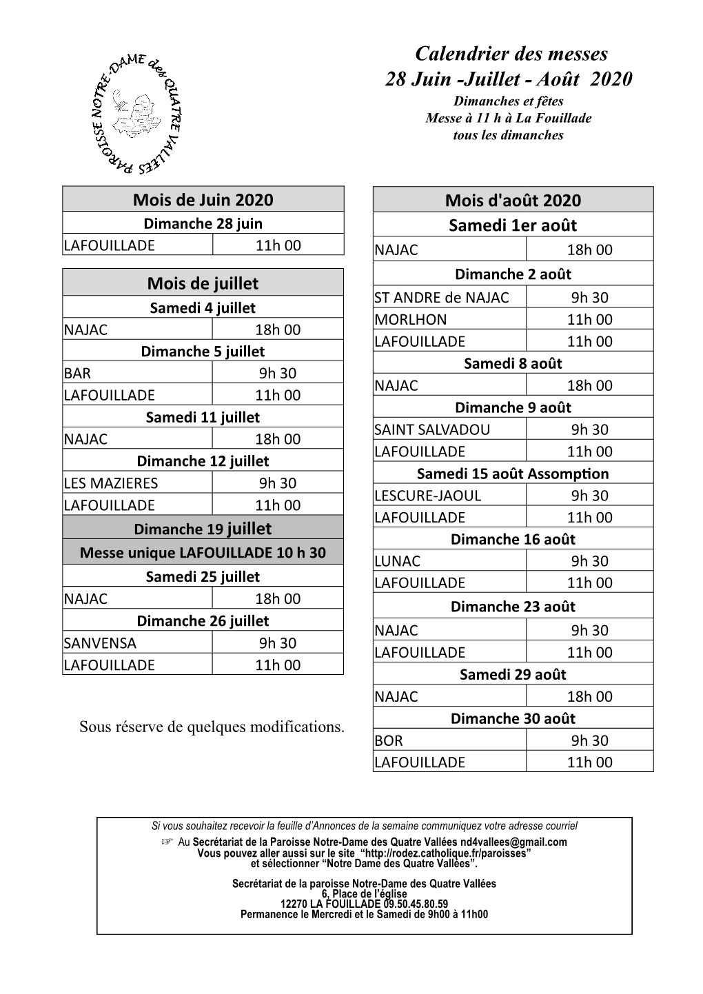 Calendrier Des Messes 28 Juin -Juillet - Août 2020