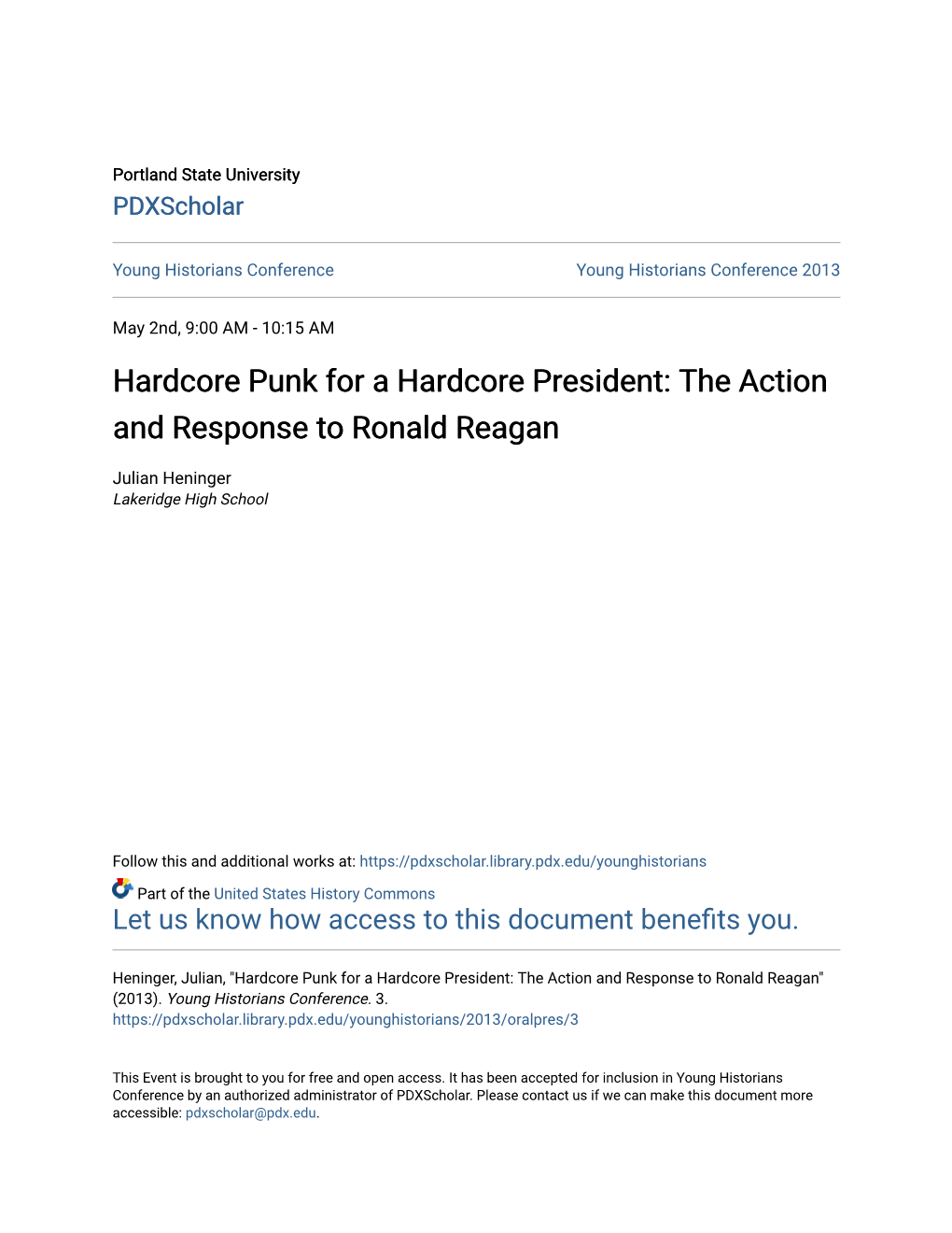 Hardcore Punk for a Hardcore President: the Action and Response to Ronald Reagan