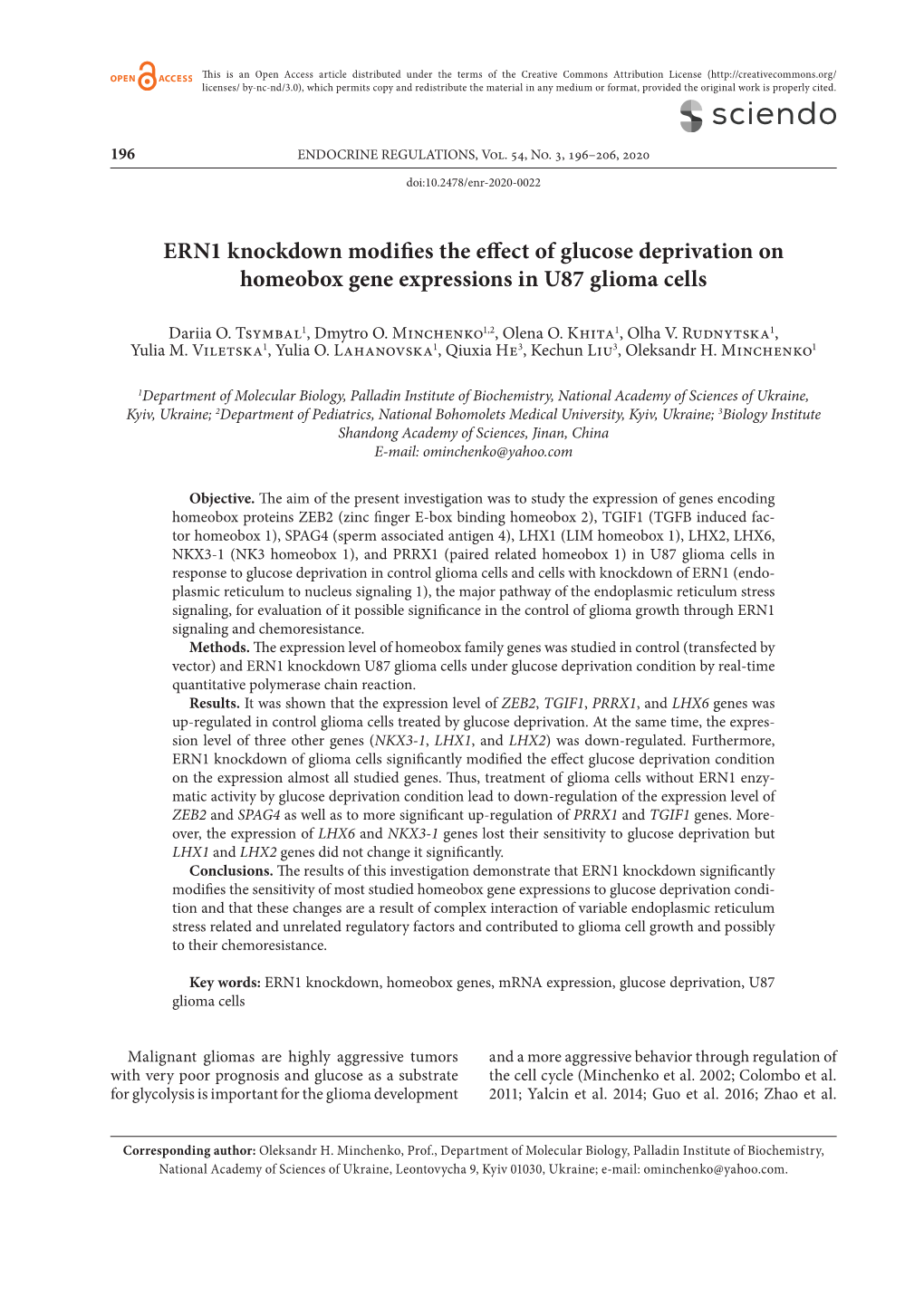 ERN1 Knockdown Modifies the Effect of Glucose Deprivation on Homeobox Gene Expressions in U87 Glioma Cells