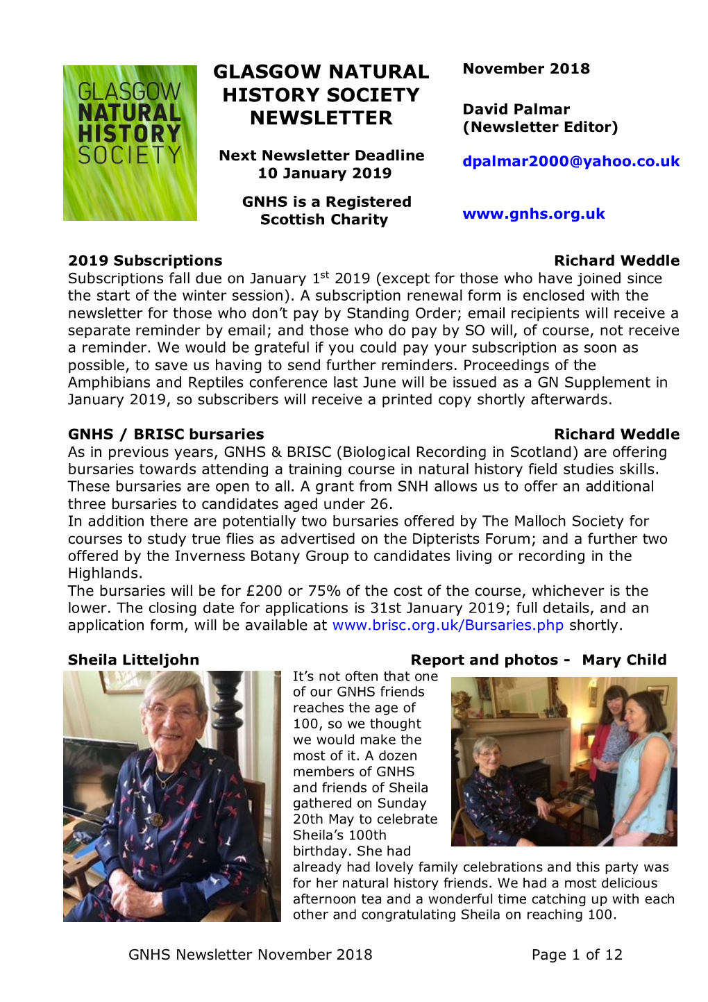 GNHS Newsletter 4 Nov 2018