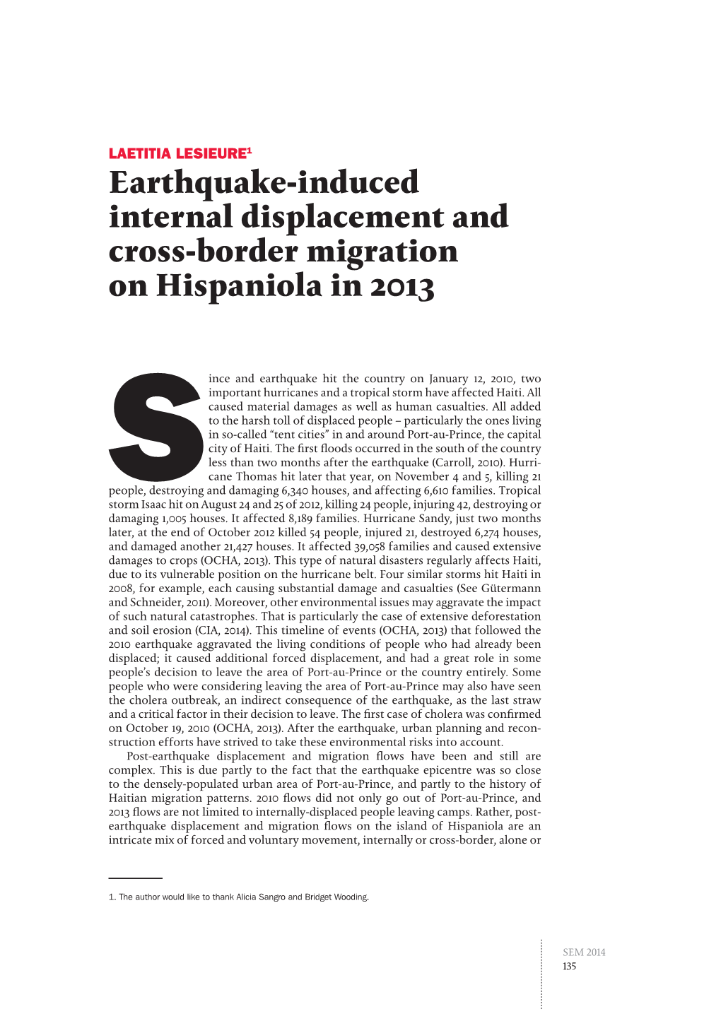 Earthquake-Induced Internal Displacement and Cross-Border Migration on Hispaniola in 2013