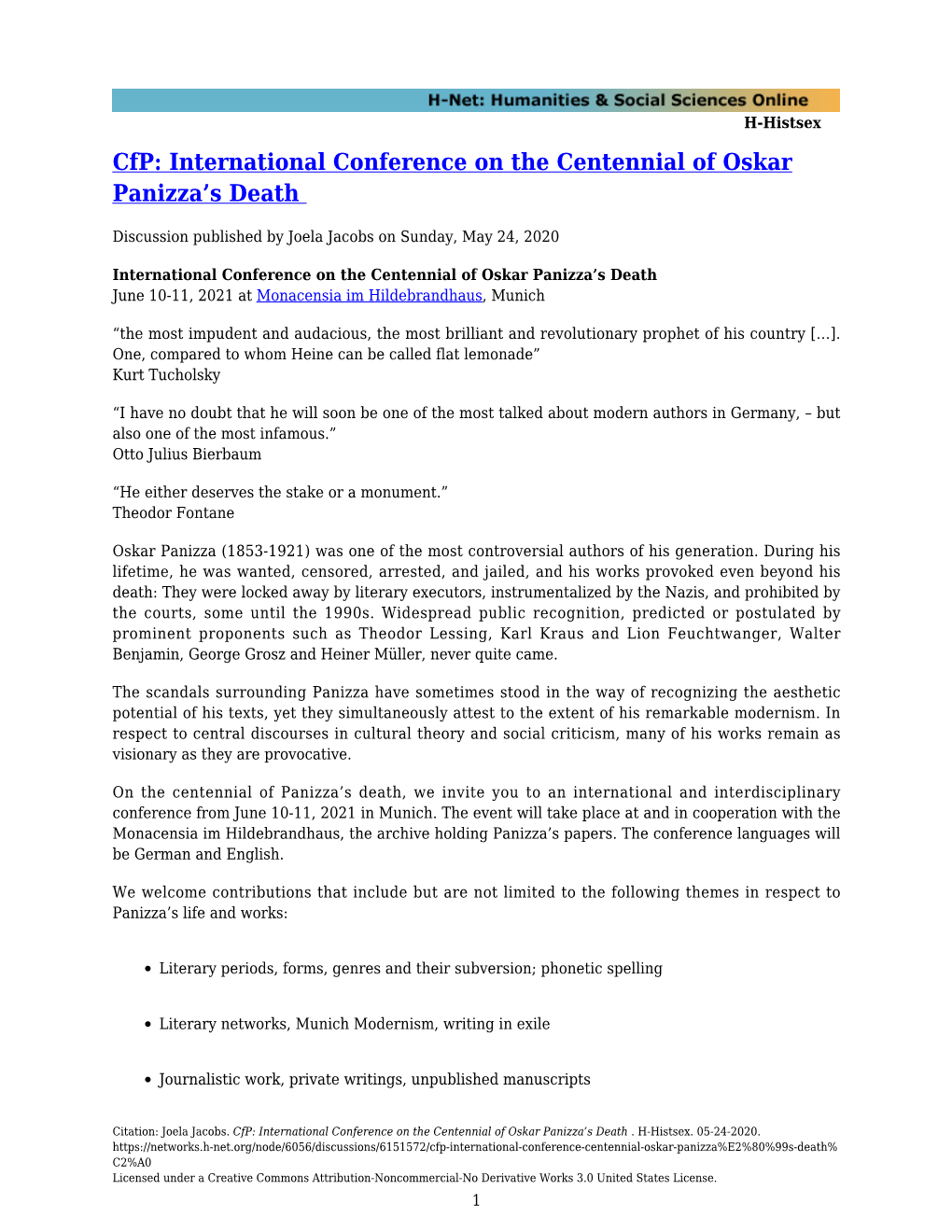 Cfp: International Conference on the Centennial of Oskar Panizza’S Death