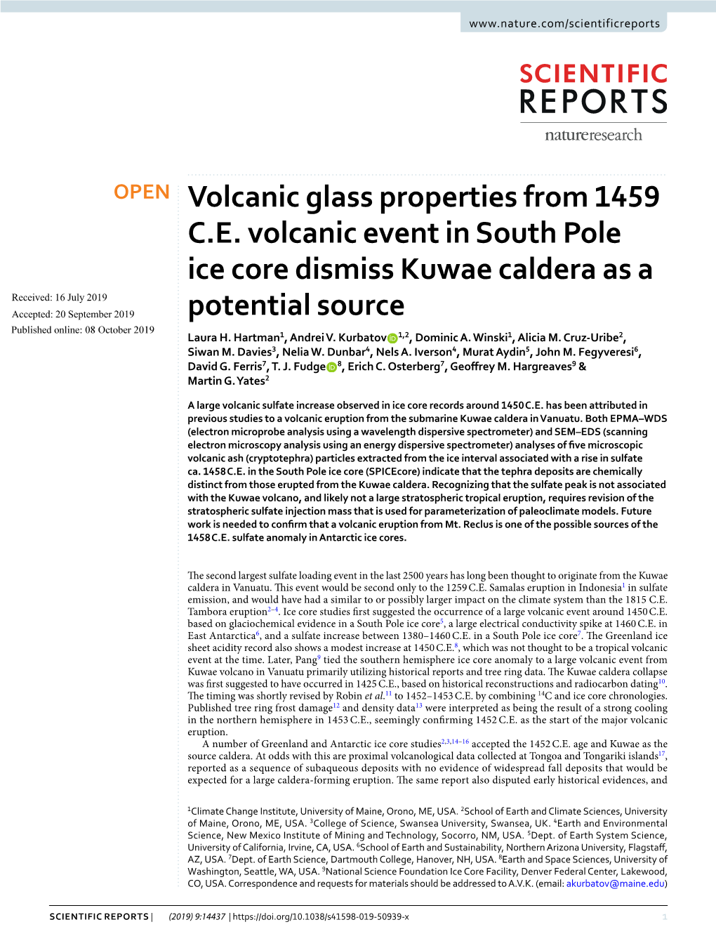 Volcanic Glass Properties from 1459 C.E. Volcanic Event in South Pole