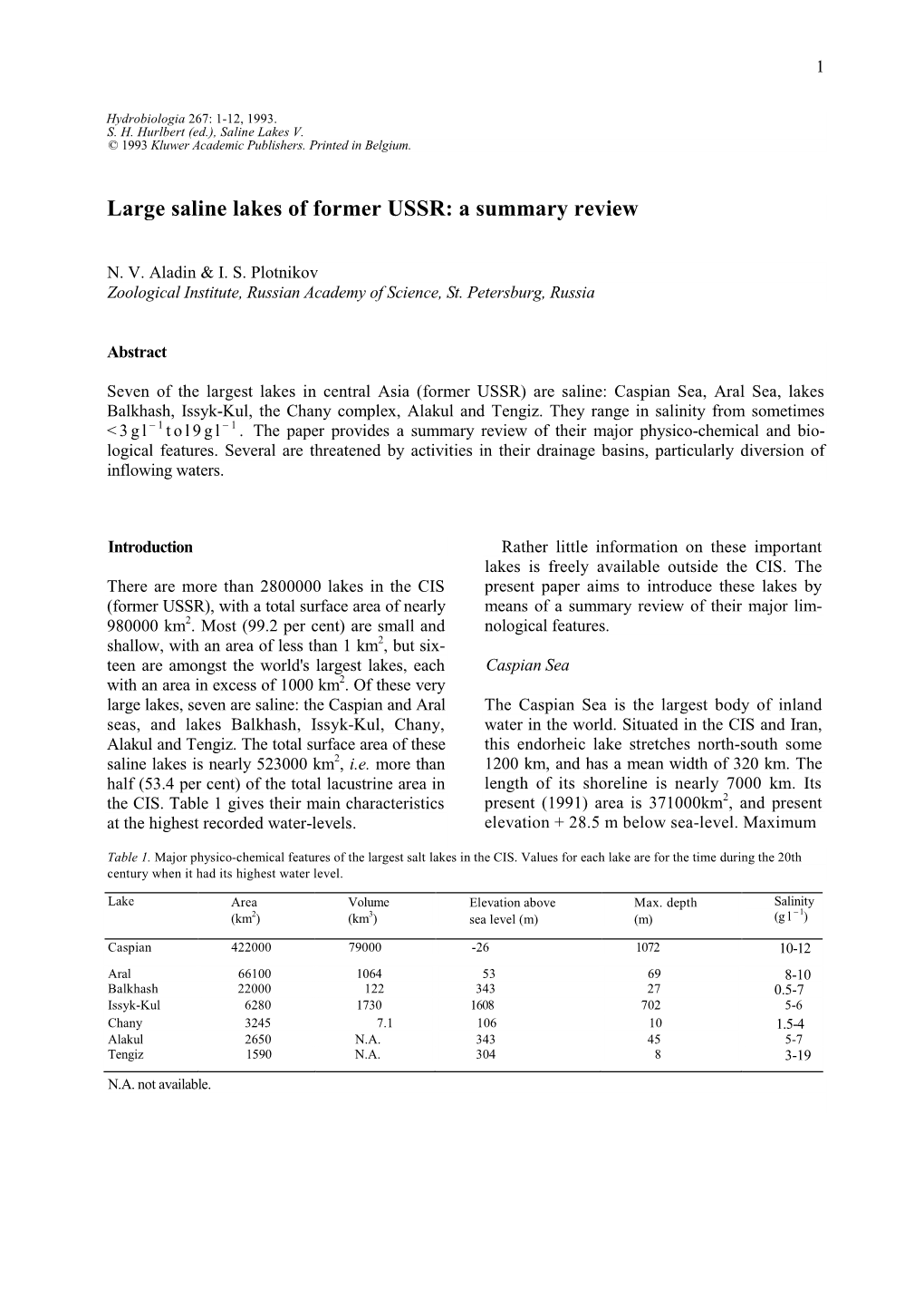 Large Saline Lakes of Former USSR: a Summary Review