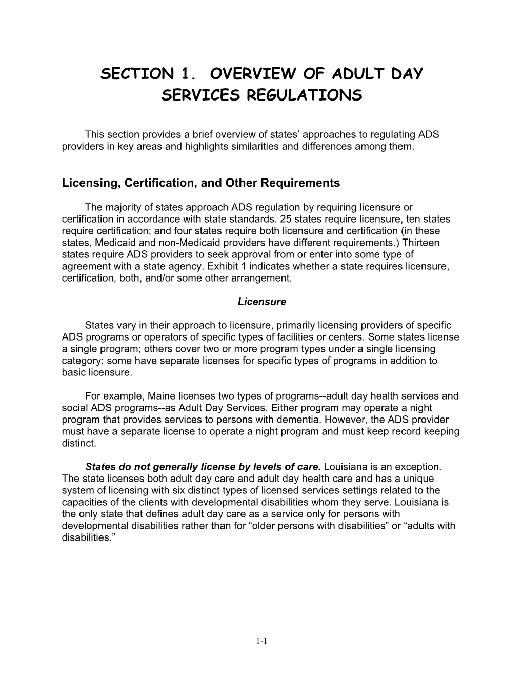 Section 1. Overview of Adult Day Services Regulations