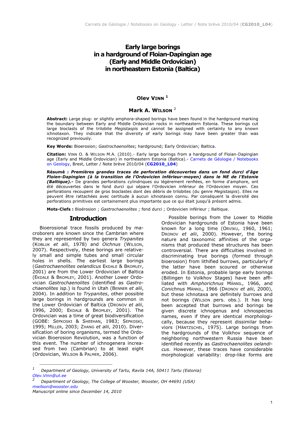 Early Large Borings in a Hardground of Floian-Dapingian Age (Early and Middle Ordovician) in Northeastern Estonia (Baltica)