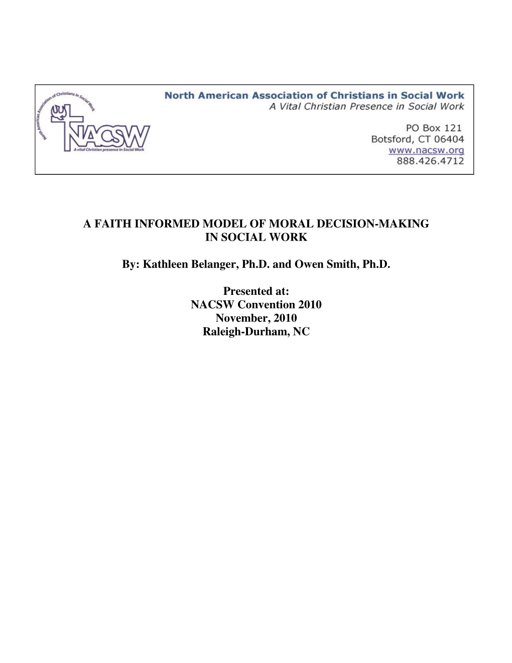 A Faith Informed Model of Moral Decision-Making in Social Work