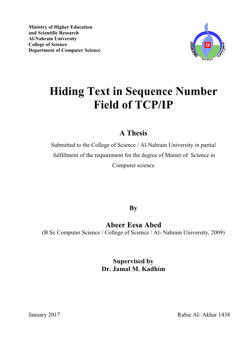 Hiding Text in Sequence Number Field of TCP/IP