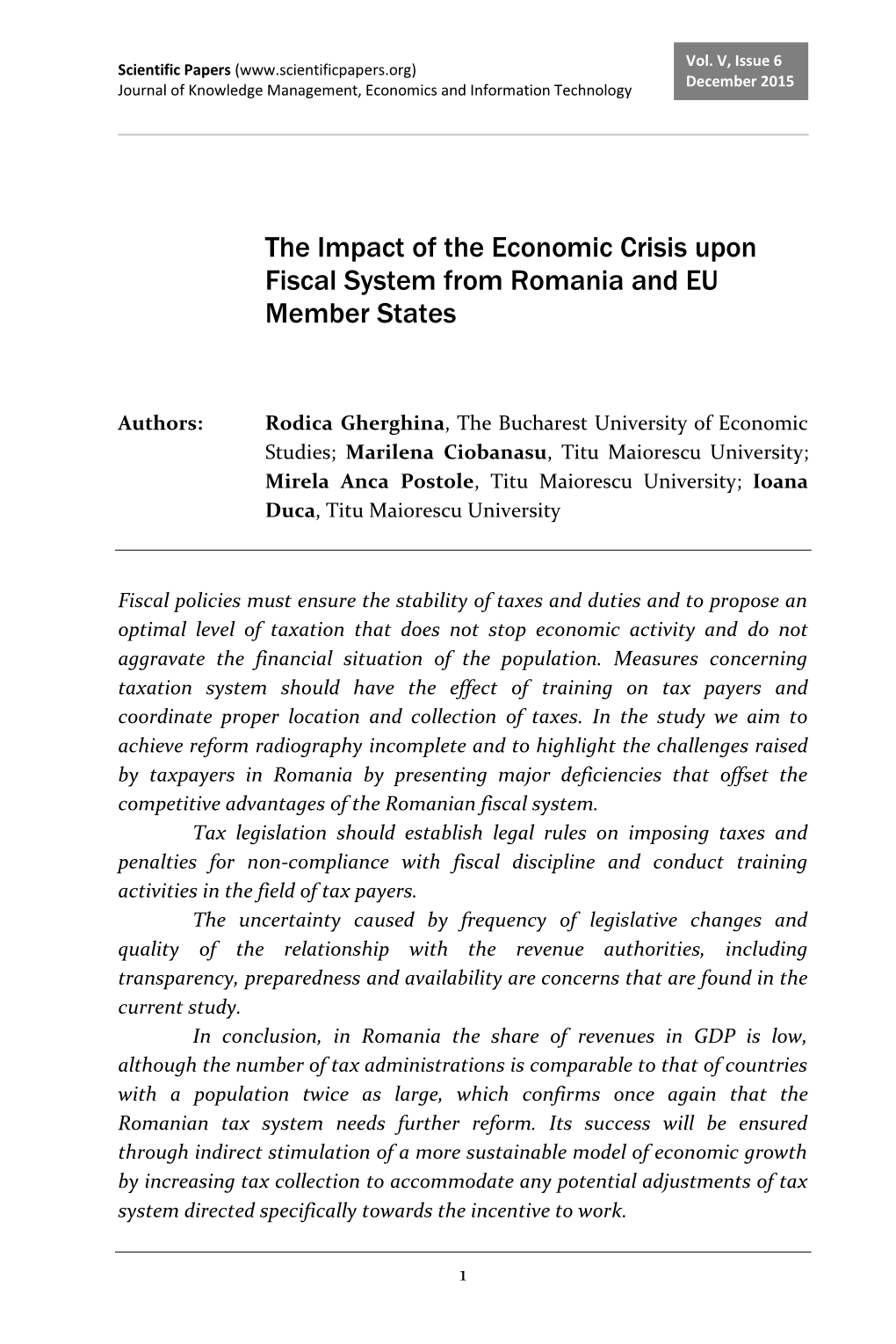 The Impact of the Economic Crisis Upon Fiscal System from Romania and EU Member States