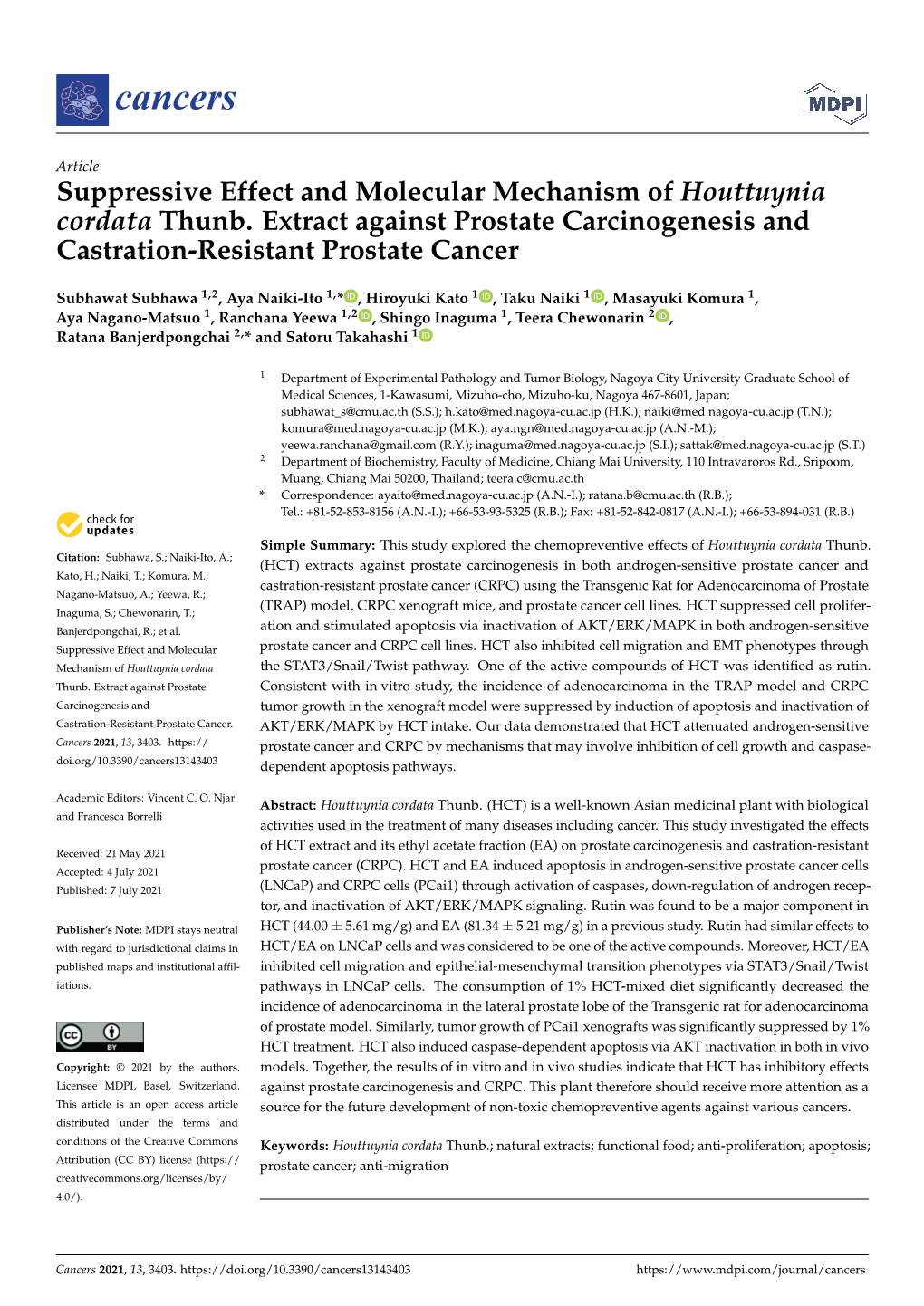 Suppressive Effect and Molecular Mechanism of Houttuynia Cordata Thunb