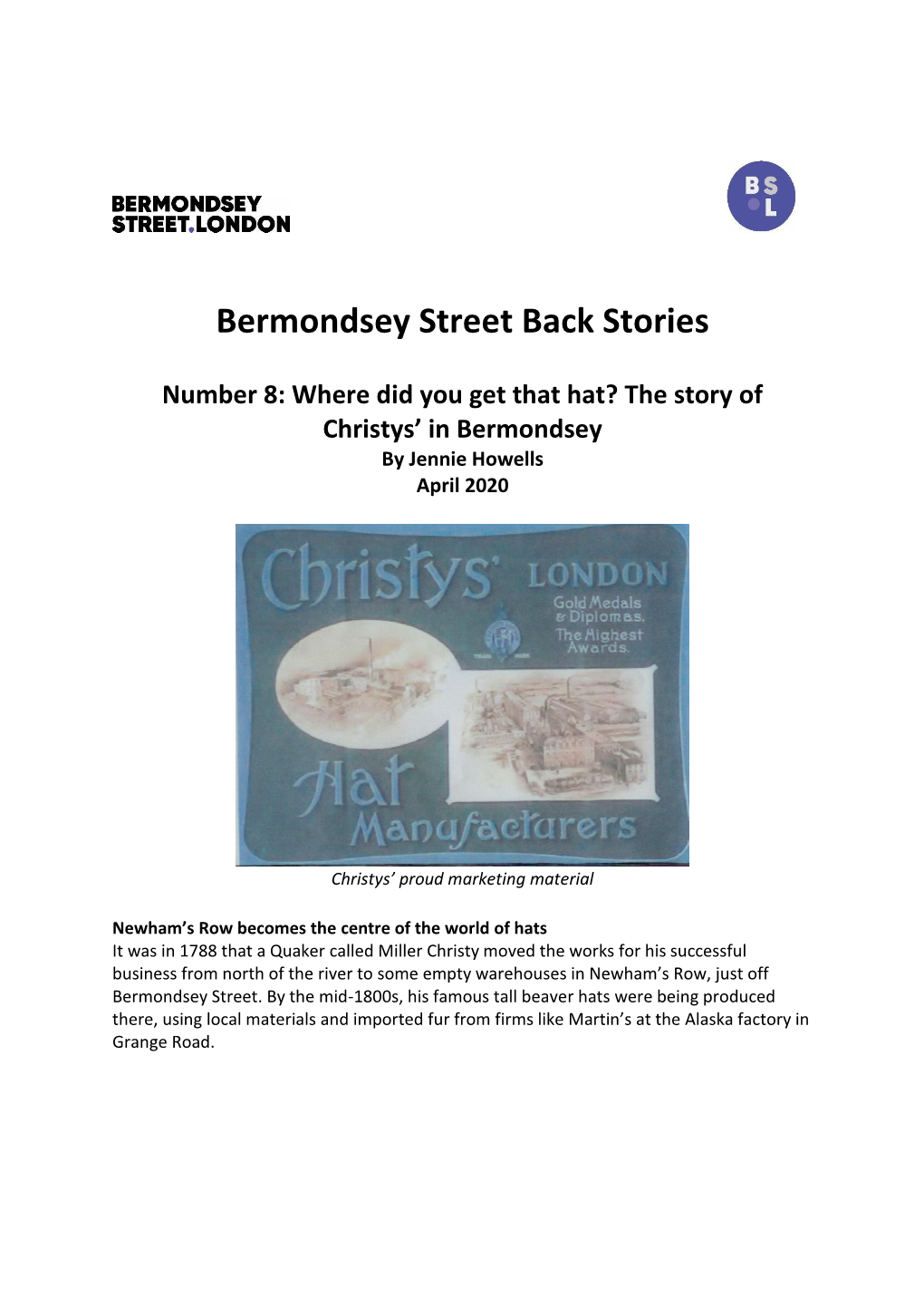 The Story of Christys’ in Bermondsey by Jennie Howells April 2020