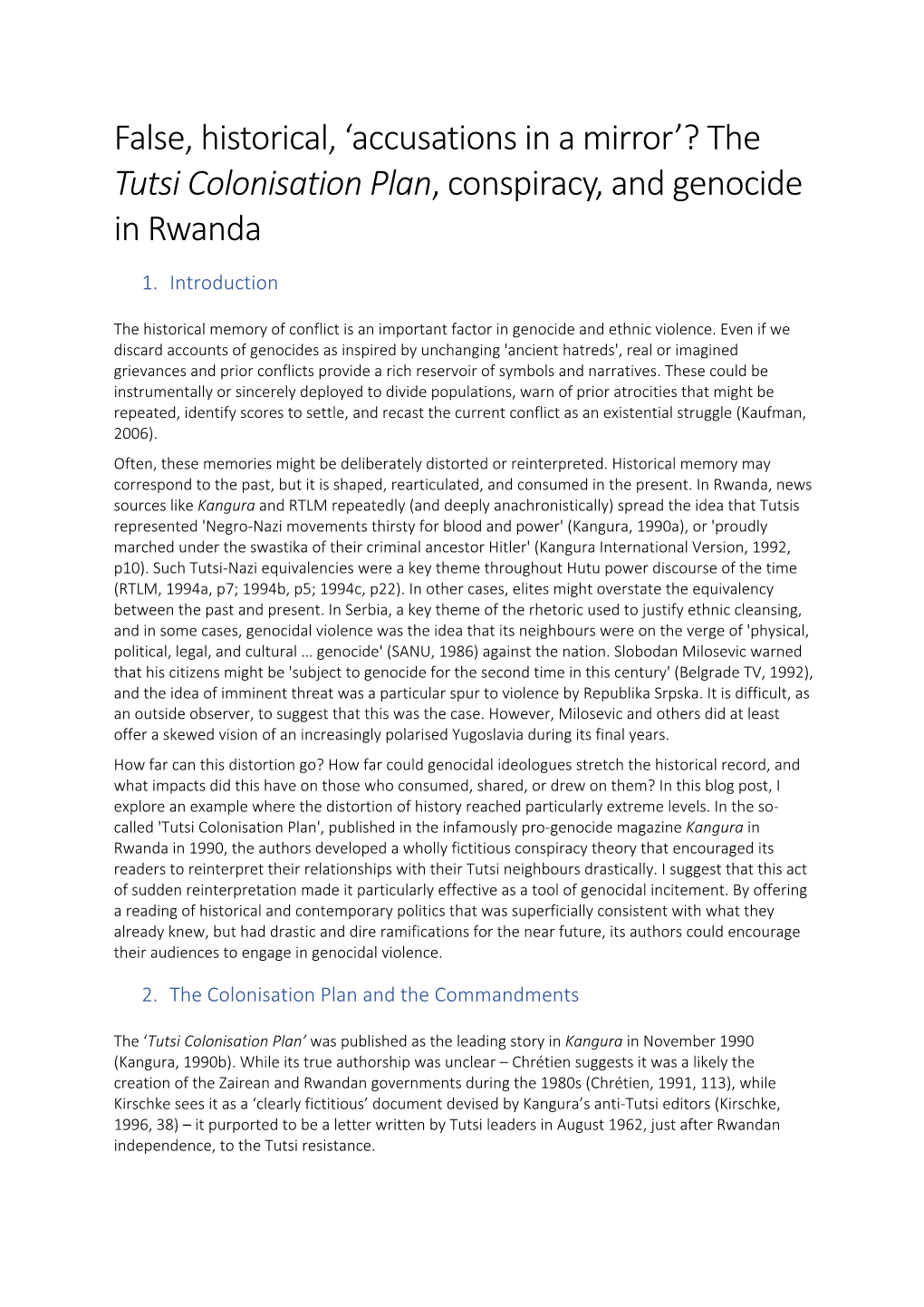 The Tutsi Colonisation Plan, Conspiracy, and Genocide in Rwanda