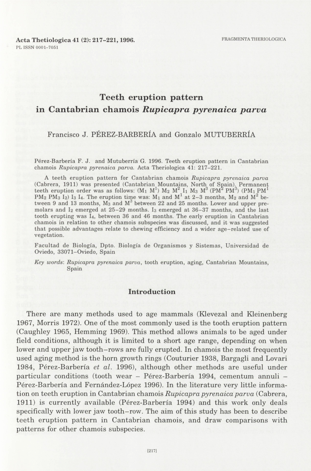 Teeth Eruption Pattern in Cantabrian Chamois Rupicapra Pyrenaica Parva