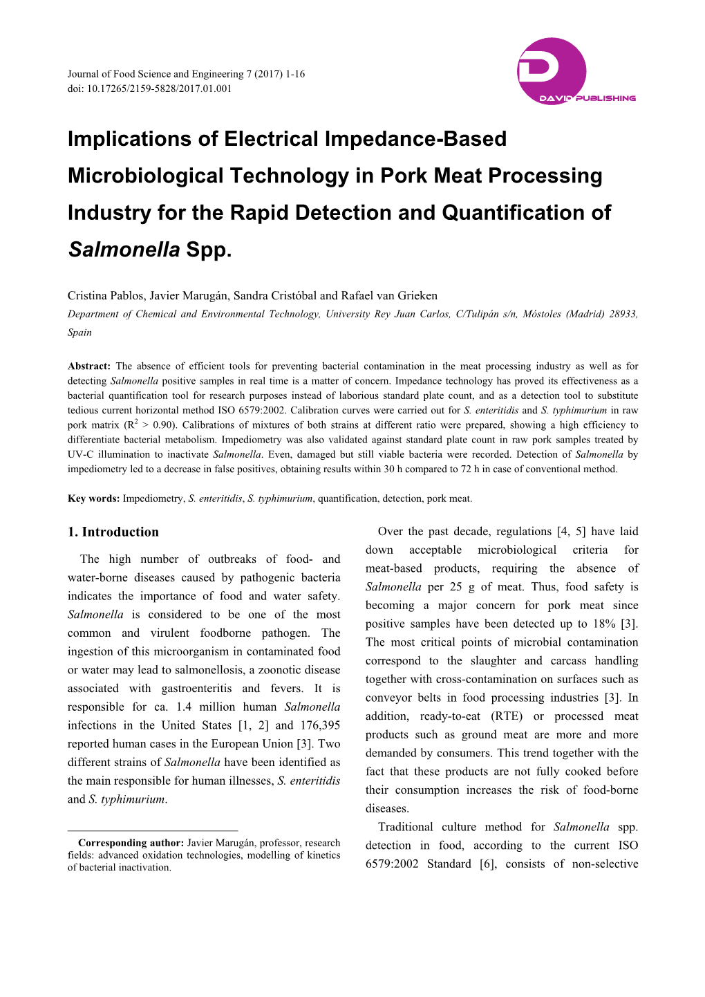 Implications of Electrical Impedance-Based Microbiological Technology in Pork Meat Processing Industry for the Rapid Detection and Quantification of Salmonella Spp