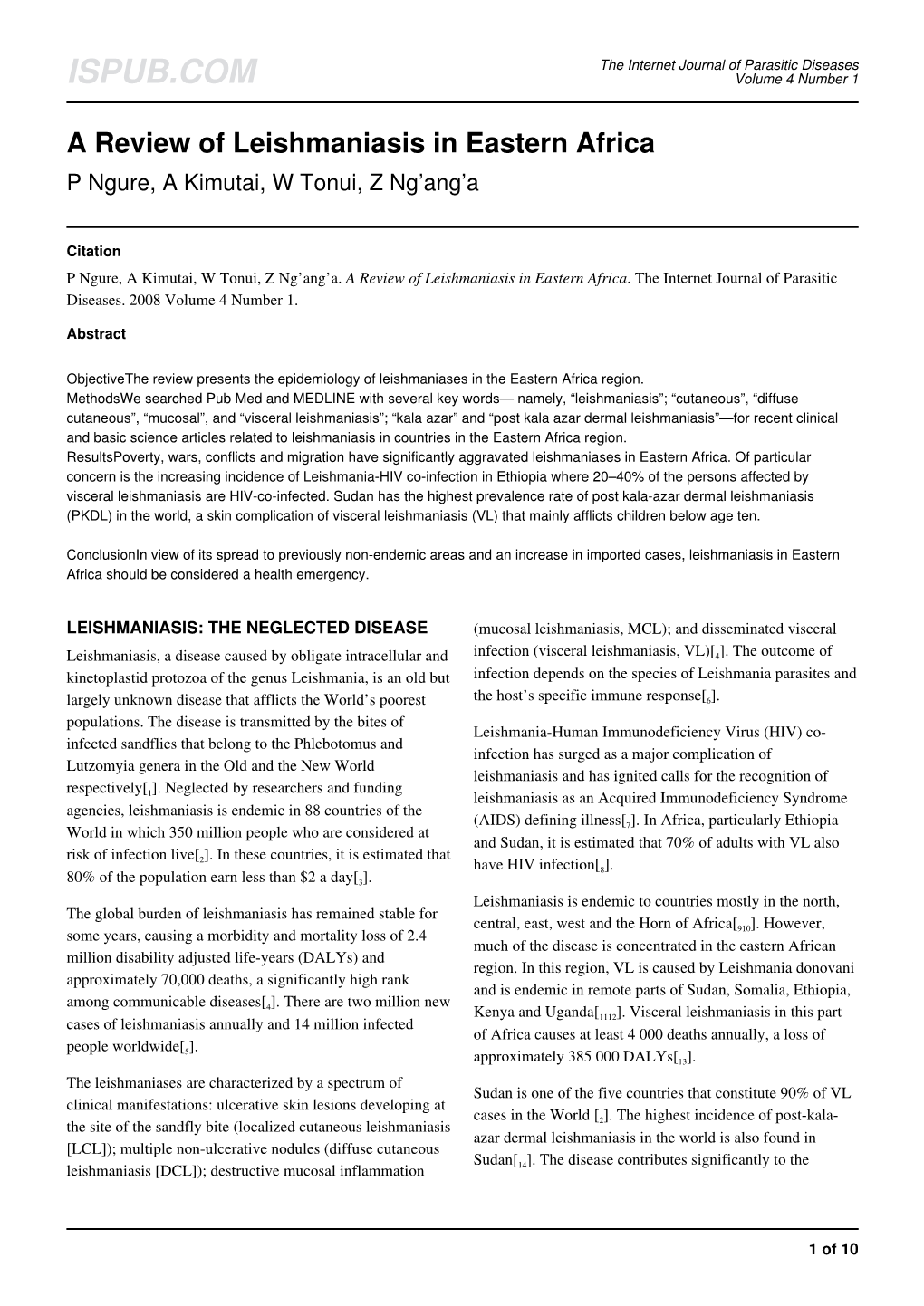 A Review of Leishmaniasis in Eastern Africa P Ngure, a Kimutai, W Tonui, Z Ng’Ang’A