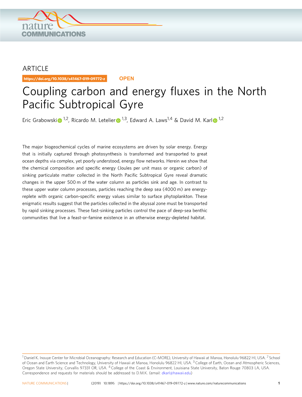 Coupling Carbon and Energy Fluxes in the North Pacific Subtropical Gyre