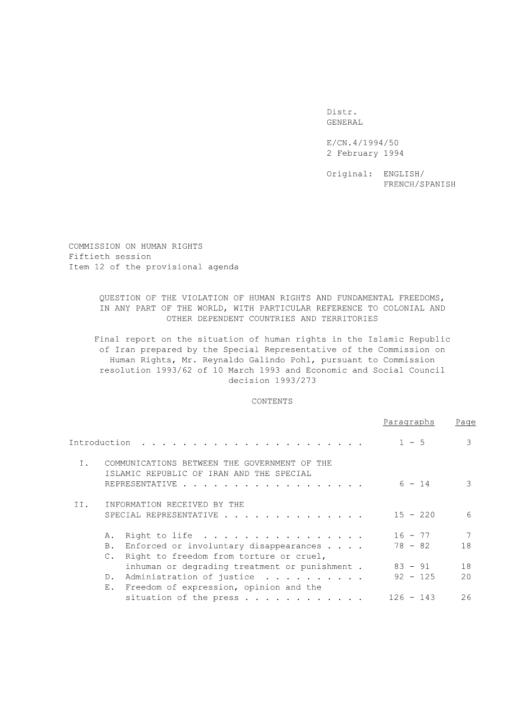 Distr. GENERAL E/CN.4/1994/50 2 February 1994 Original: ENGLISH