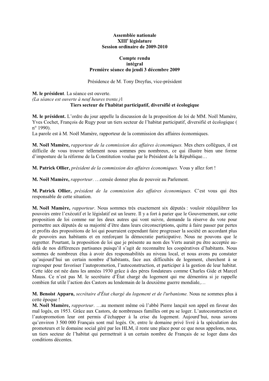 Assemblée Nationale Xiiie Législature Session Ordinaire De 2009-2010