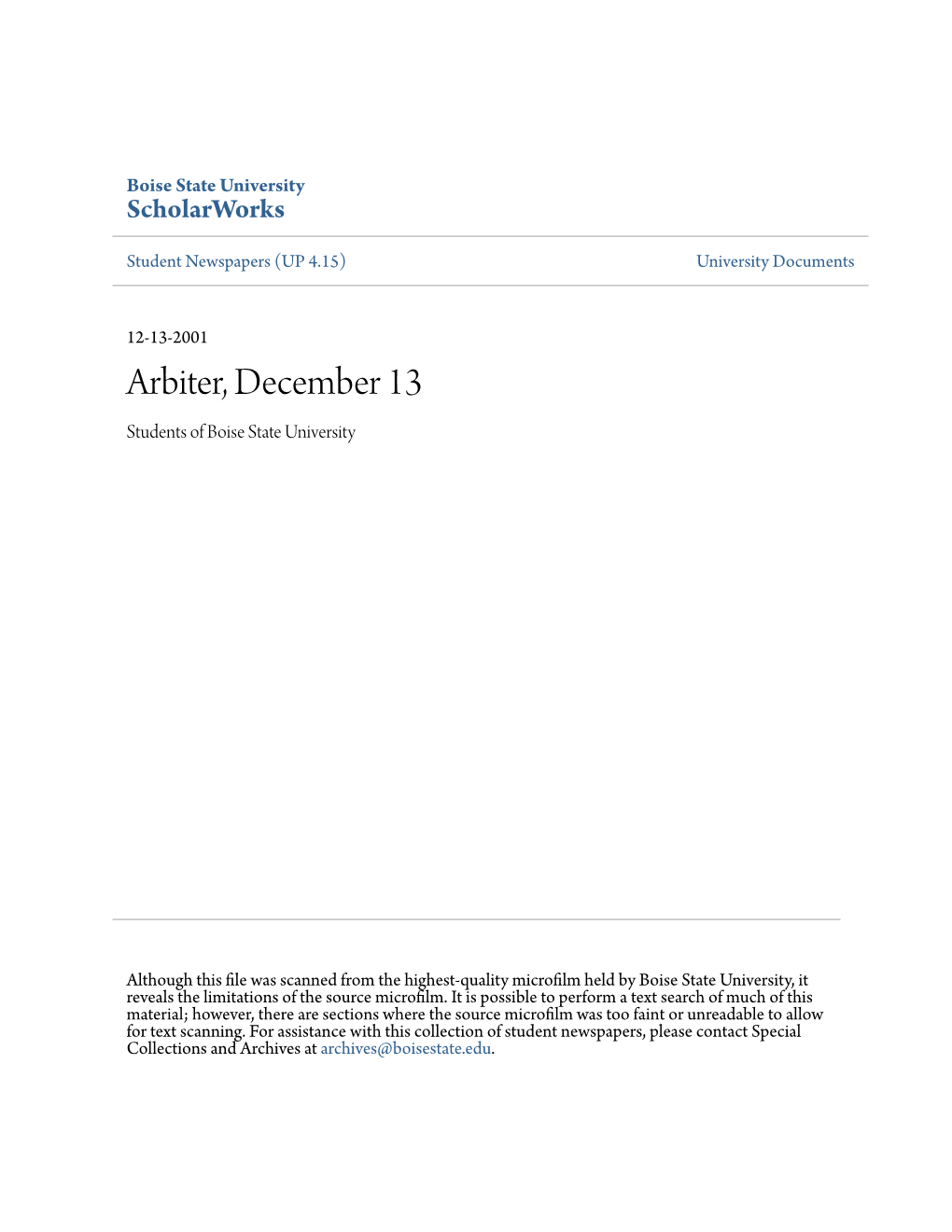 Arbiter, December 13 Students of Boise State University
