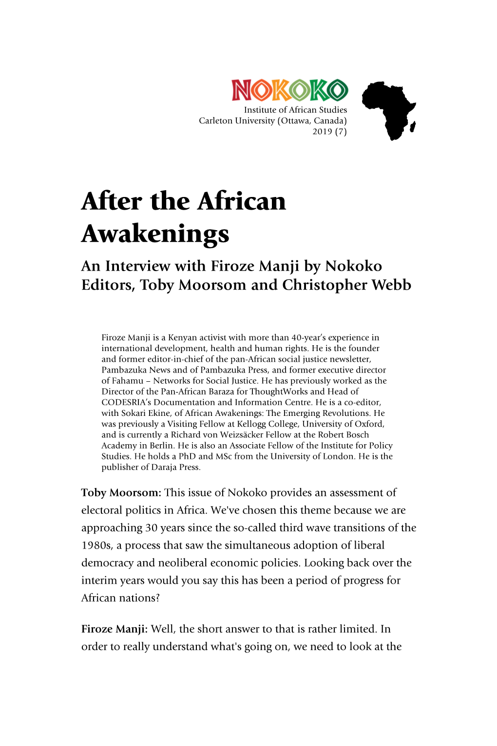 After the African Awakenings an Interview with Firoze Manji by Nokoko Editors, Toby Moorsom and Christopher Webb