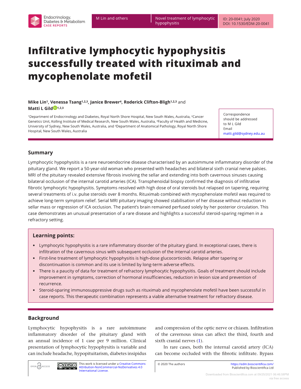 Infiltrative Lymphocytic Hypophysitis Successfully Treated with Rituximab and Mycophenolate Mofetil