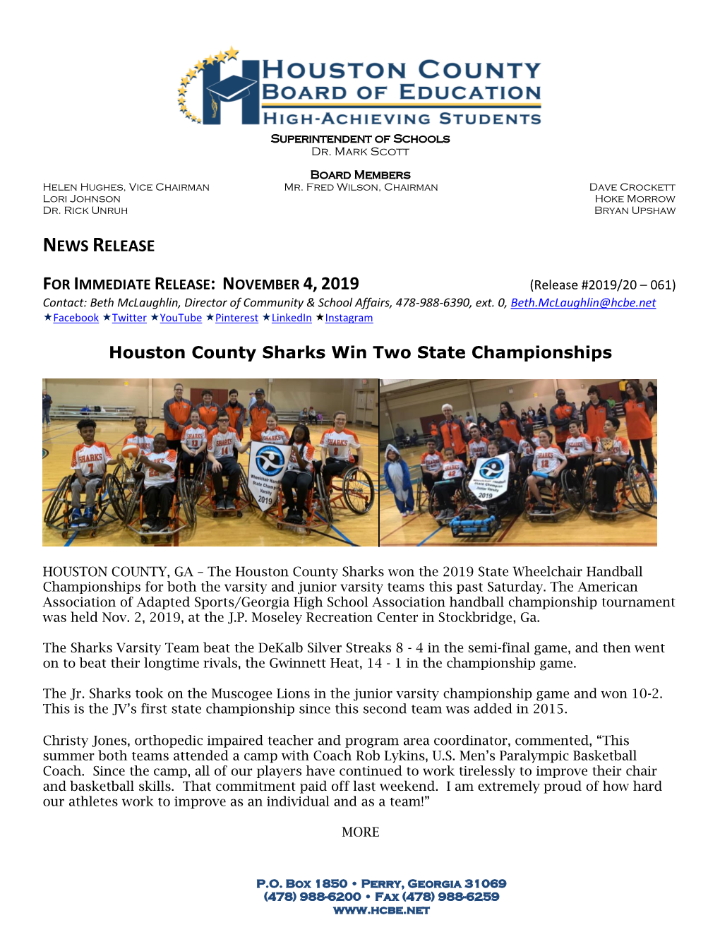 NEWS RELEASE Houston County Sharks Win Two State