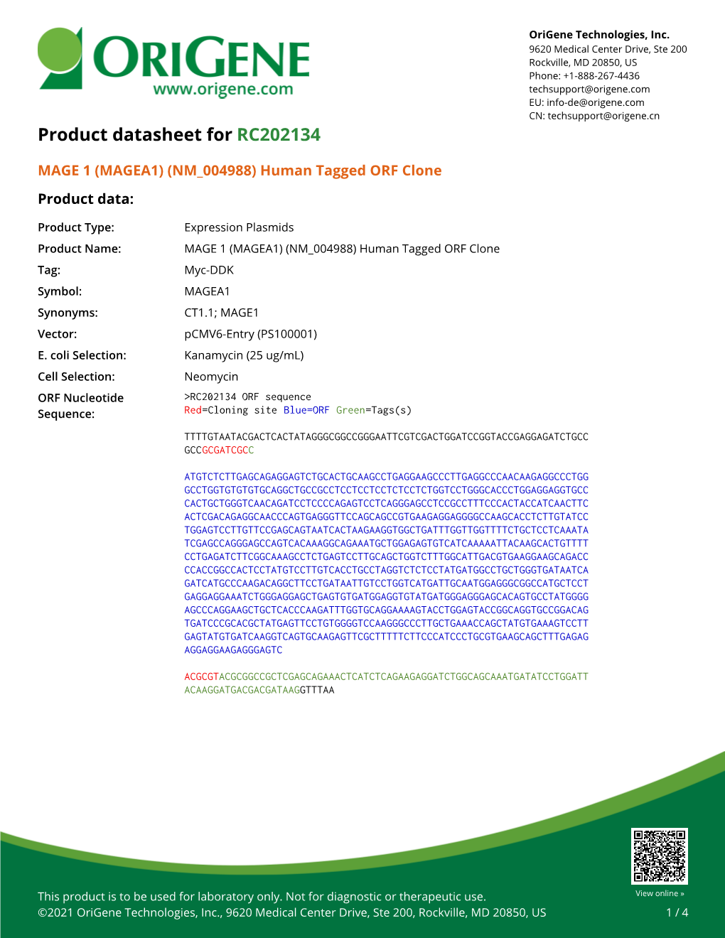 (MAGEA1) (NM 004988) Human Tagged ORF Clone Product Data