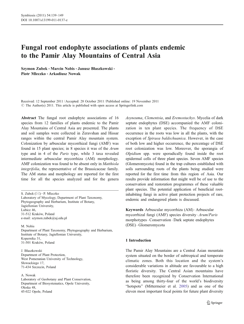 Fungal Root Endophyte Associations of Plants Endemic to the Pamir Alay Mountains of Central Asia