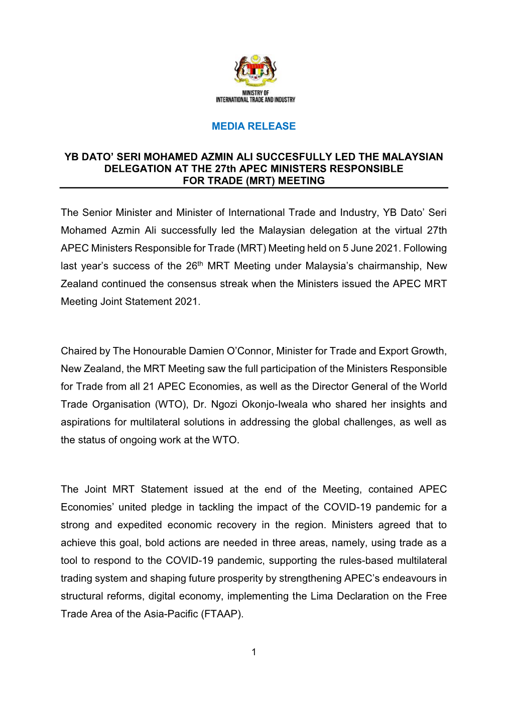 Media Release Yb Dato' Seri Mohamed Azmin Ali