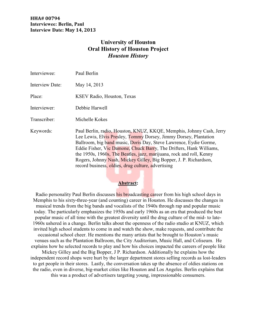 University of Houston Oral History of Houston Project Houston History