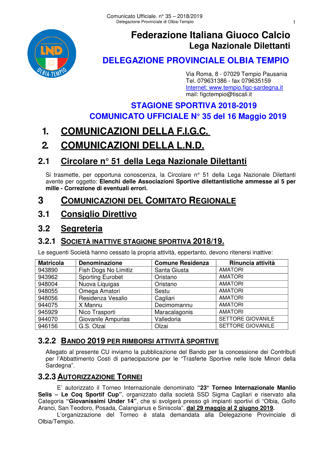 Federazione Italiana Giuoco Calcio 1. COMUNICAZIONI DELLA F.I.G.C. 2
