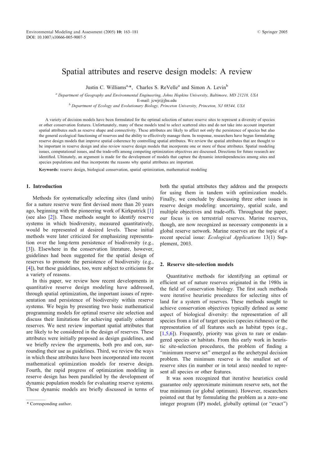 Spatial Attributes and Reserve Design Models: a Review