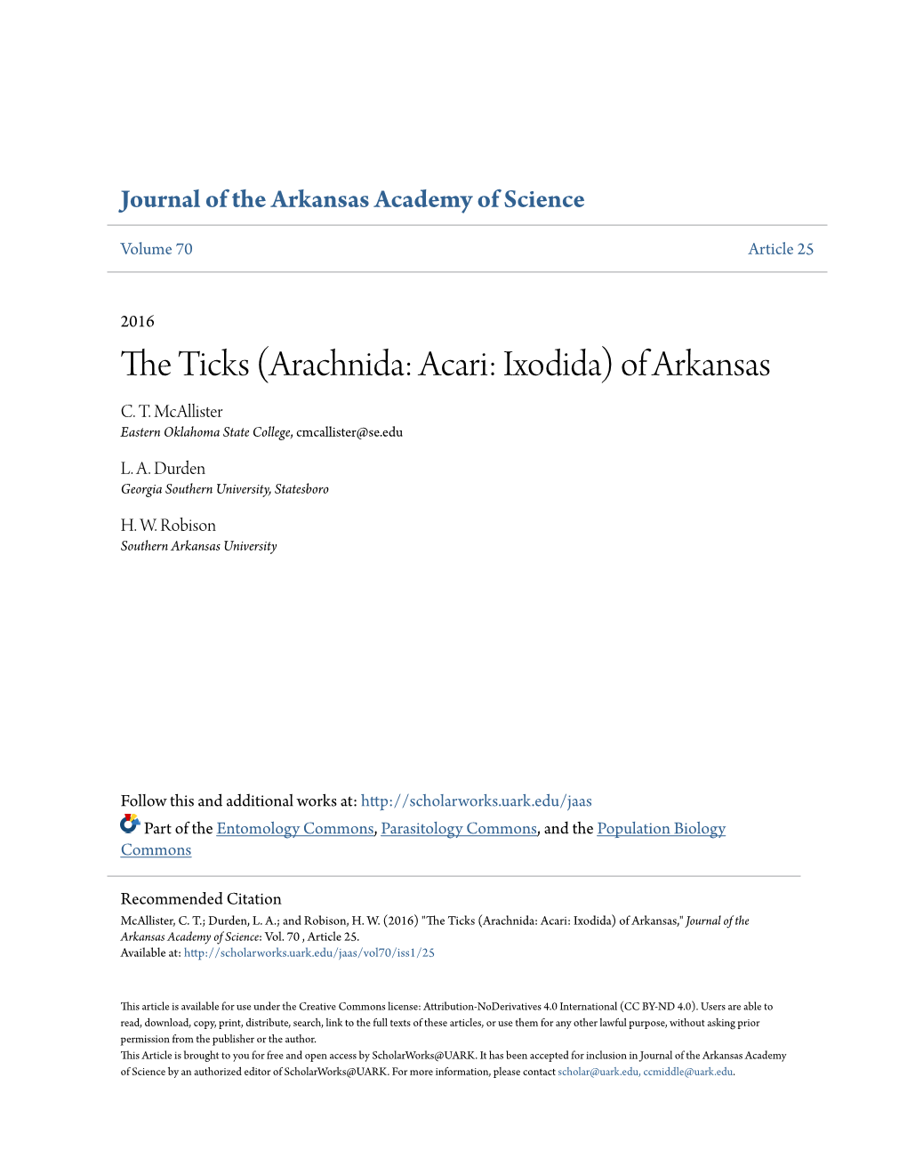The Ticks (Arachnida: Acari: Ixodida) of Arkansas