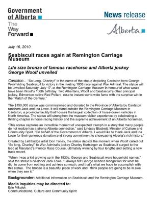 Seabiscuit Races Again at Remington Carriage Museum Life Size Bronze of Famous Racehorse and Alberta Jockey George Woolf Unveiled