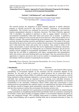 Integration Green Chemistry Approach in Teacher Education Program for Developing Awareness of Environmental Sustainability