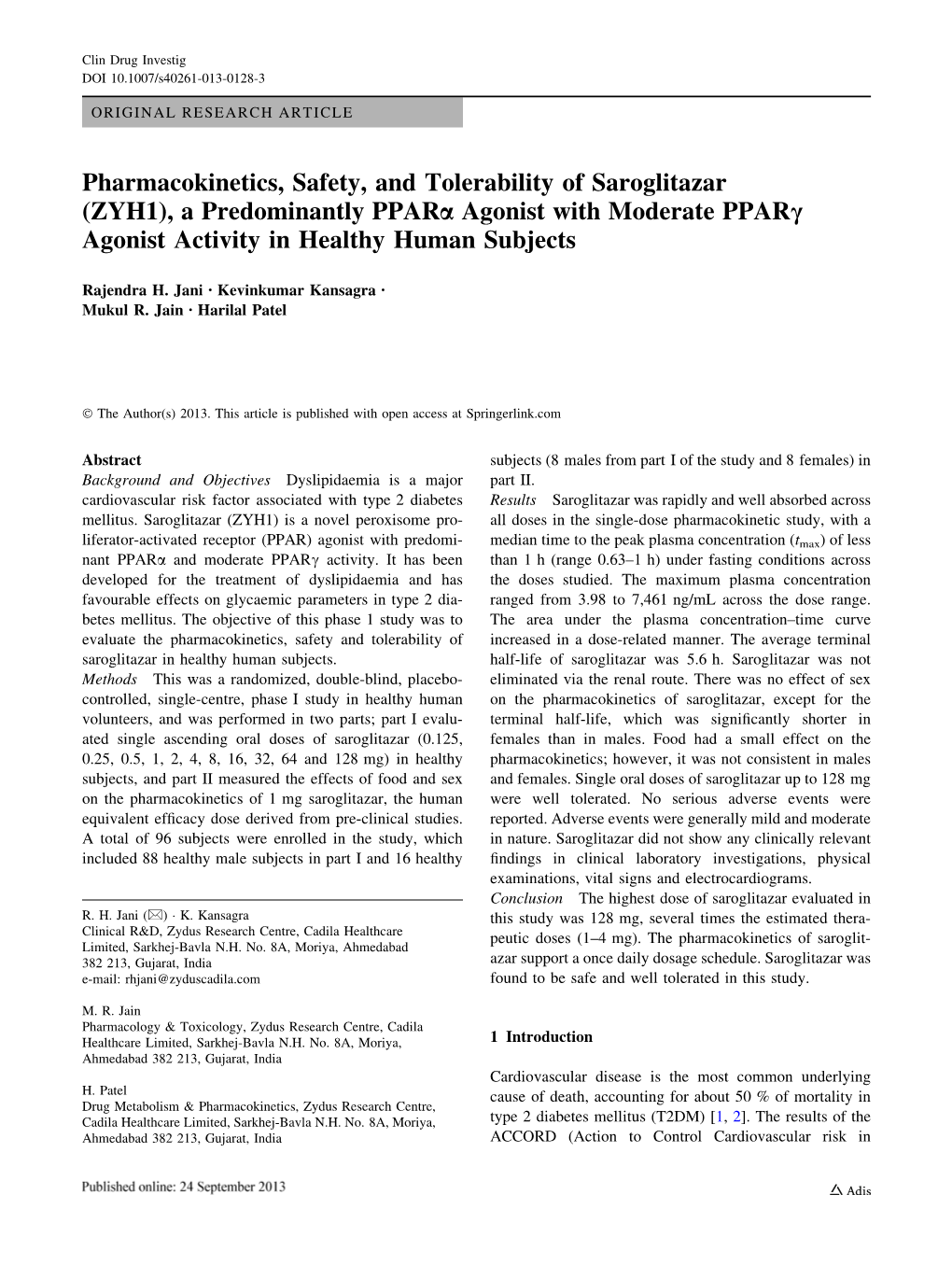 Pharmacokinetics, Safety, and Tolerability of Saroglitazar (ZYH1), a Predominantly Ppara Agonist with Moderate Pparc Agonist Activity in Healthy Human Subjects