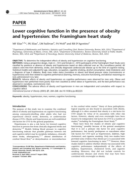 PAPER Lower Cognitive Function in the Presence of Obesity and Hypertension: the Framingham Heart Study