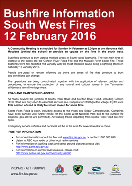 Bushfire Information South West Fires 12 February 2016