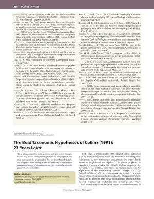The Bold Taxonomic Hypotheses of Collins (1991): 23 Years Later