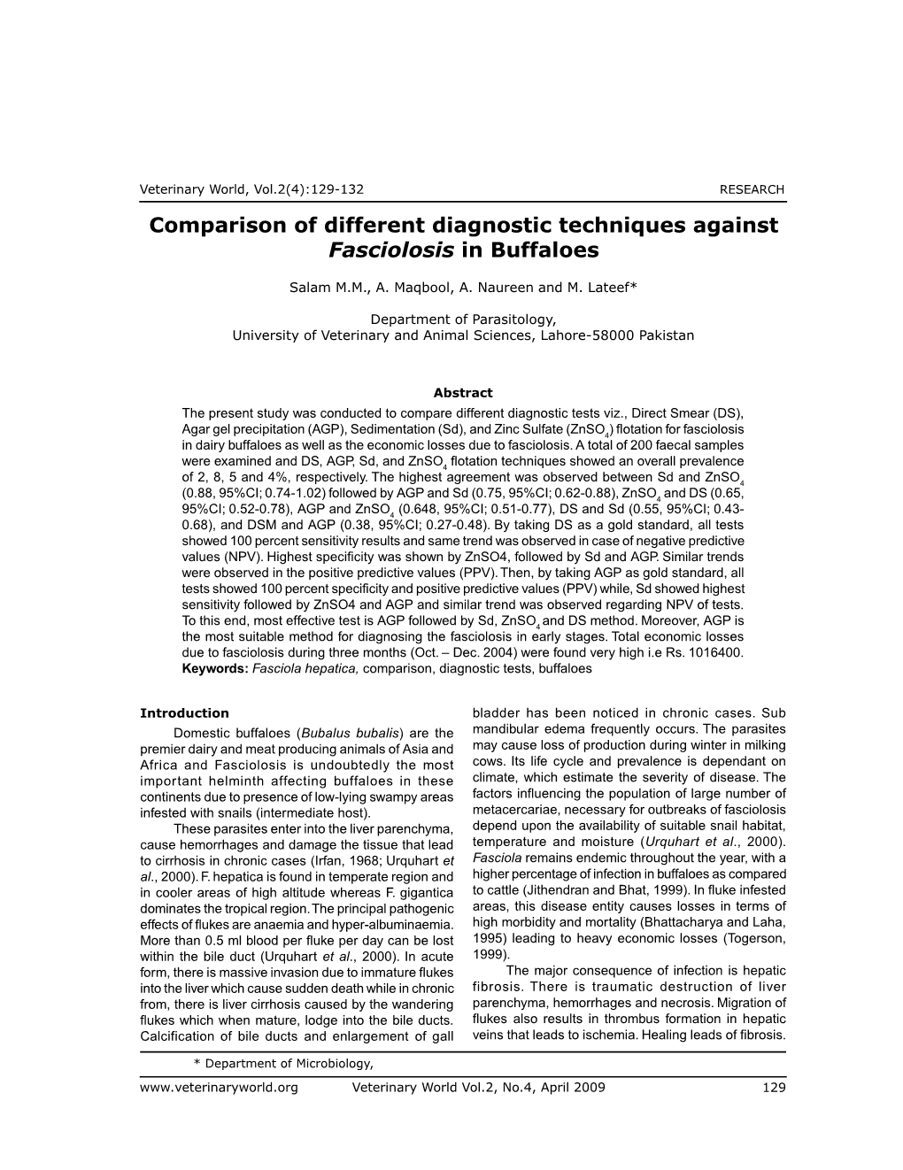 Comparison of Different Diagnostic Techniques Against Fasciolosis in Buffaloes