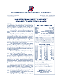 Duquesne Names Keith Dambrot Head Men's