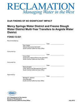 Fresno Slough Water District Multi-Year Transfers to Angiola Water District