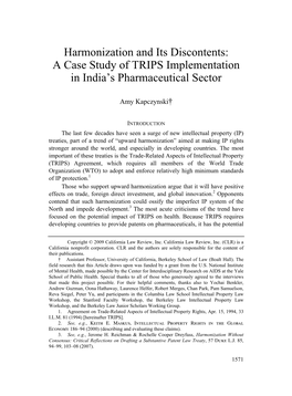 Harmonization and Its Discontents: a Case Study of TRIPS Implementation in India’S Pharmaceutical Sector